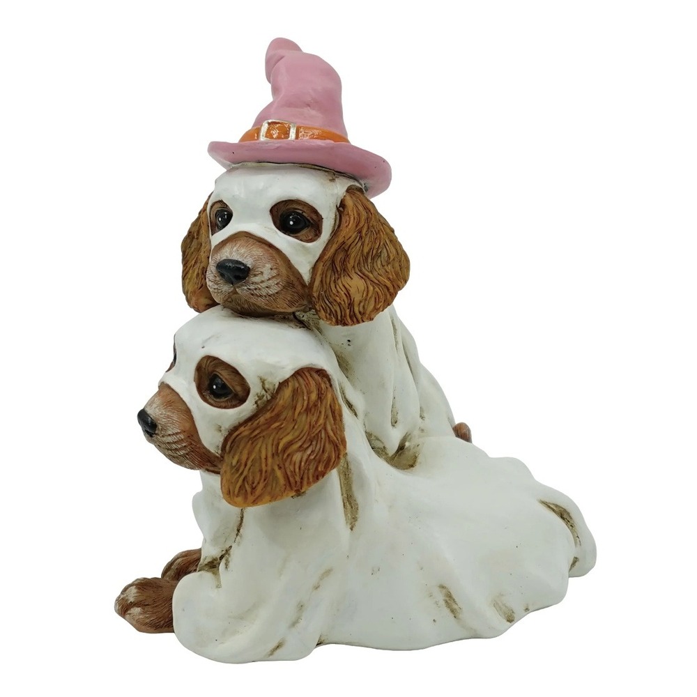 Halloween Ghost Dogs Figurine Resin Spaniel Puppies in Costumes Pink Witch Hat